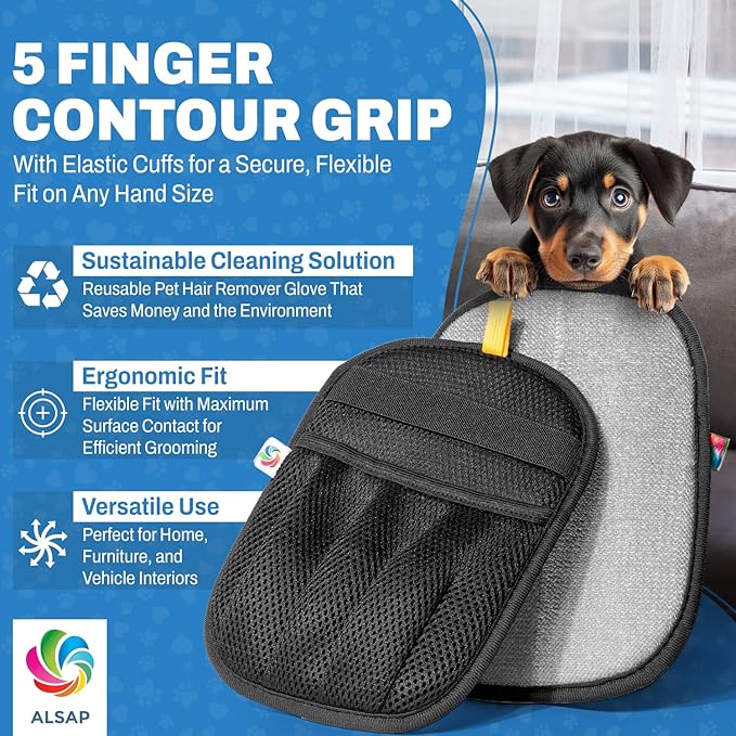 Pet Hair Removal Gloves for Dogs & Cats | Electrostatic Reusable Fur Remover Mitt for Furniture, Carpet & Clothes, Couch Car| Pet Fur Cleaning Tool with Carpet Scraper (Black - 2 Pcs)