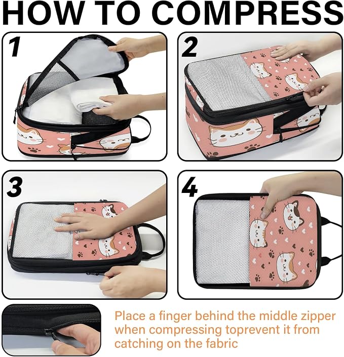 Cat Compression Packing Cubes Cat Paws Print 6 Set Travel Packing Cubes for Suitcases Lightweight Expandable Organizers