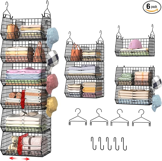 Jautokerdar 6 Tier Extra Large Hanging Storage Organizer,Hanging Closet Shelves with Dividers,Closet Organizer Wire Shelf with 5 S Hooks,Bedroom,Laundry Storag-Black