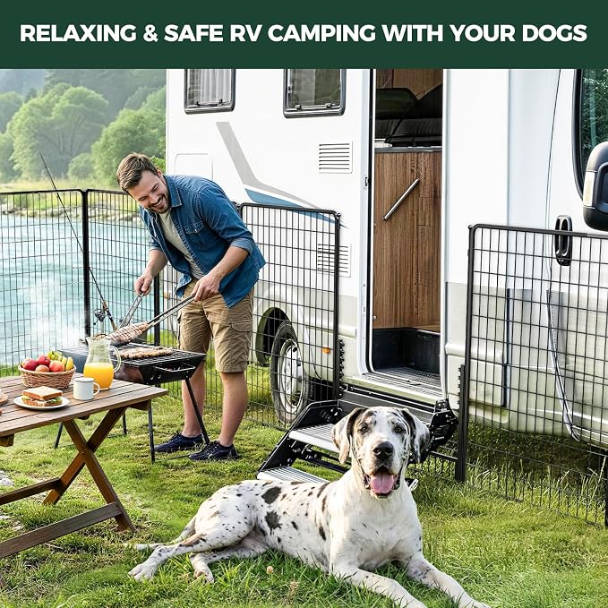 FXW Rollick Dog Playpen with RV Step Grid for RV Camping, 50" H, 16 Panels | Easy Setup & Sturdy, Blocks RV Stair Gaps, Fits RV Steps up to 30"W, For Large Dogs, Patented
