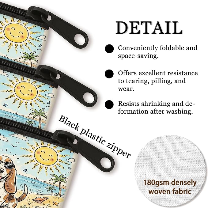 Cute Basset Hound Dog Makeup Bag, Coastal Beach Shells Cosmetic Travel Pouch for Women, Portable Small Canvas Zipper Organizer, Pet Toiletry Bag 7x9 Inch