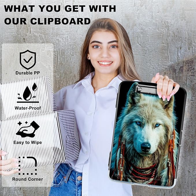 A4 Clipboard with Storage Pen Holder, Clipboards Organizer Nursing Clipboard Foldable File Folder Plastic Clipboard Folio Clip Board for Office Work Classroom Doctor, White Wolf Feathers