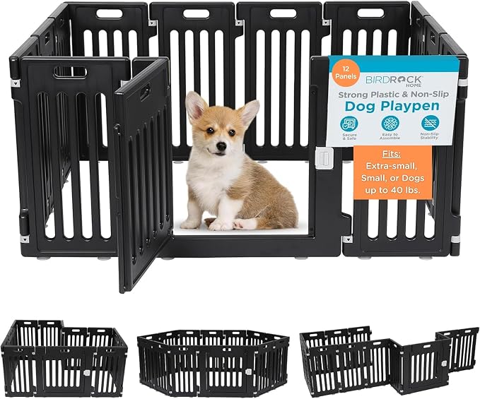 BIRDROCK HOME Dog Playpen w/Door, 12 Panel, 25.6in H | Strong Plastic, Non-Slip Puppy Playpen, Secure Pet Gate | Indoor Outdoor Fence | Configurable Panels | Small to Medium Pets - Black | 13-Panel Durable Plastic Playpen for Puppies and Small Dogs, Pe...