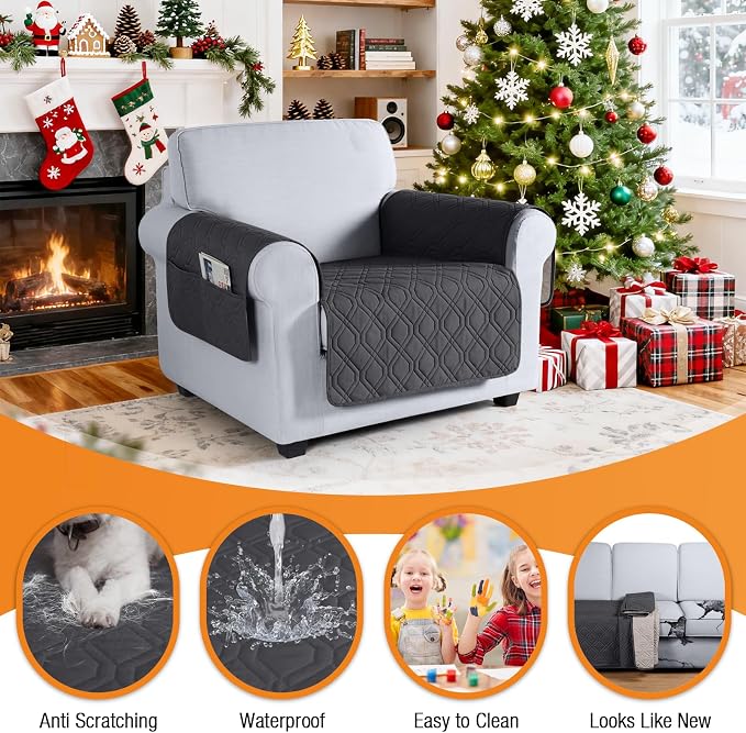 VANSOFY Waterproof Chair Seat Cover for Pets, Charcoal Gray, 22" | Non-Slip, Washable, Utility Pockets, Pet Friendly, Furniture Protector Slipcover for 1 Seater Couch