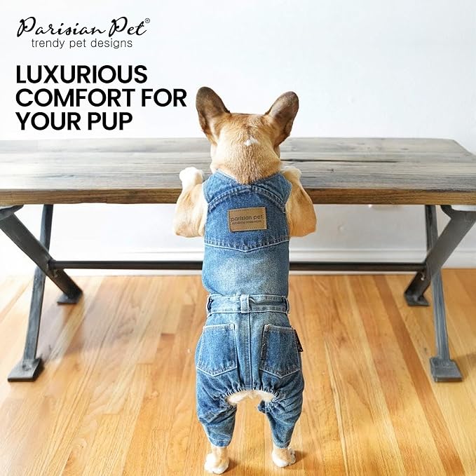 Parisian Pet Dog Overalls - Blue Denim Dog Clothes - Breathable Sling Puppy Jumpsuit - Durable and Trendy Overalls for Dogs - Comfortable Jeans Dog Clothes for Small Dogs - Classy Pet Apparel