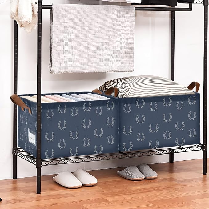 Navy Blue Bg Simple Horseshoe Storage Basket Foldable Cube Storage Bins with Handles&Label Waterproof Collapsible Organizer Box Bin Large Rectangle Decorative Baskets for Shelves Home Room Laundry