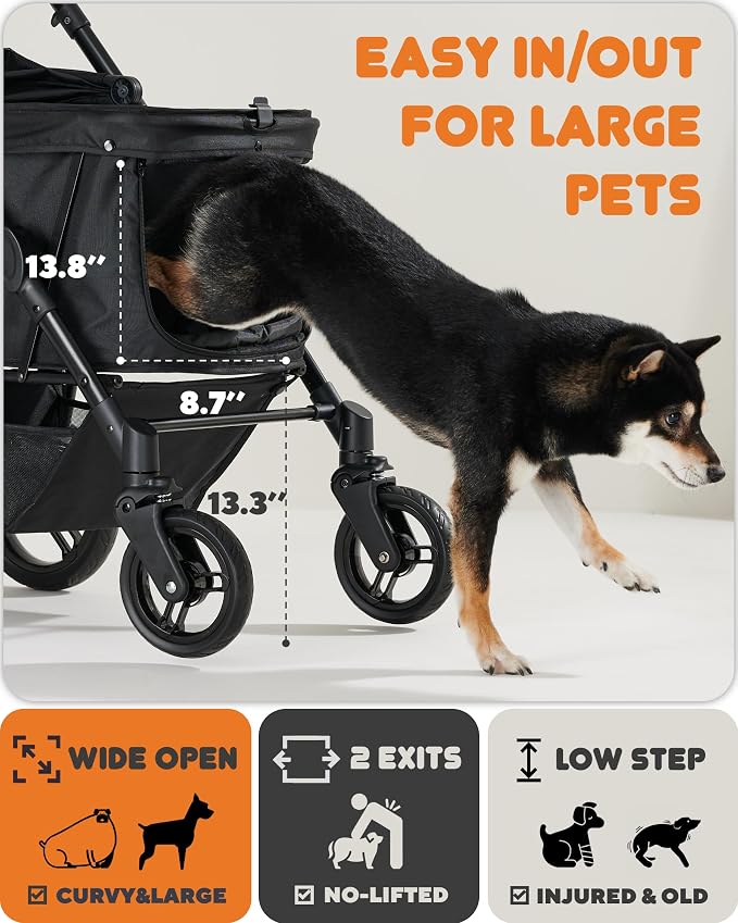 Zoosky Medium Dog Stroller for Large Dogs, Pet Stroller, Up to 66lbs | All-Terrain 360° Swivel Wheels & Adjustable Handle & 180° Dual-Open Canopy, Sun Shades, Storage Organizer, Waterproof Oxford