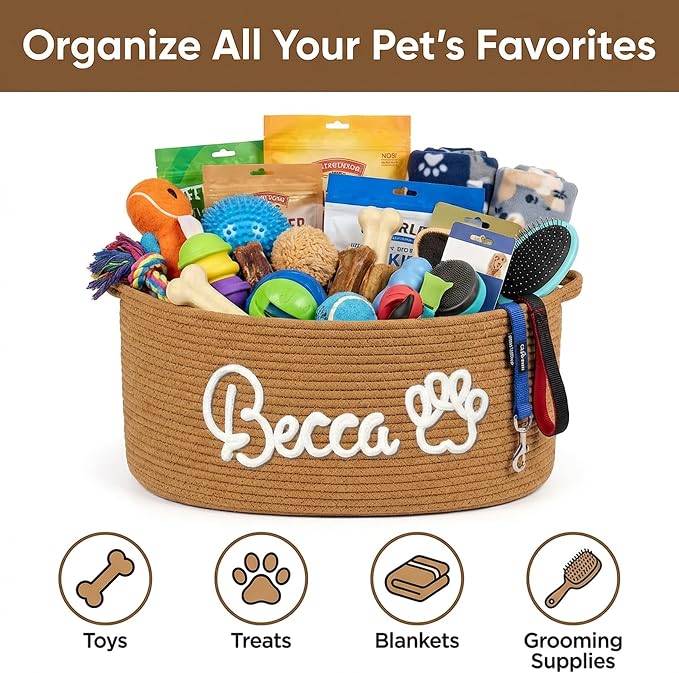 MBBEST Personalized Dog Toy Basket with Name, Cute Custom Dog Toy Storage Bin for Dogs & Cats, Handmade Cotton Rope Dog Toy Box Organizer for Toys, Treats & Blankets, Unique Gift for Pet Lovers