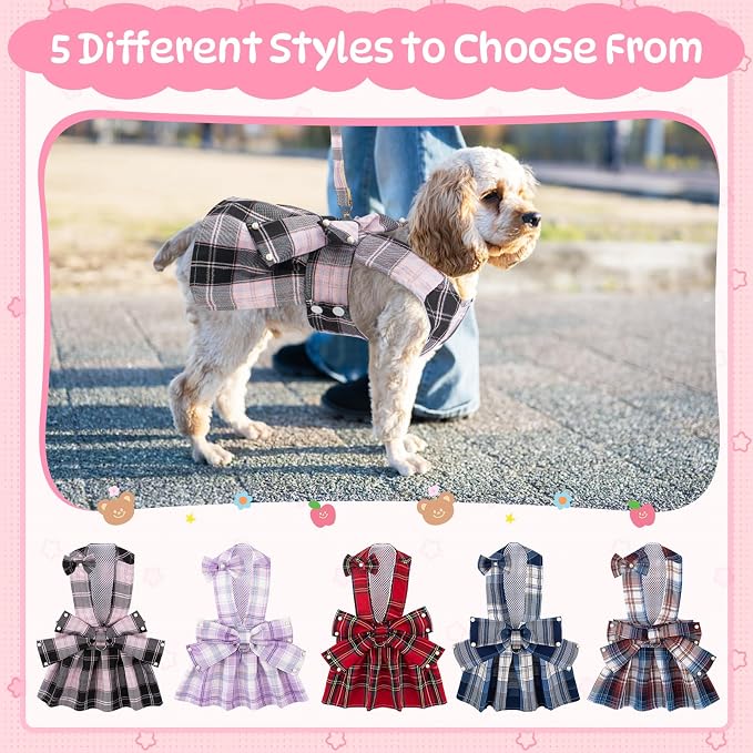 Coppthinktu Plaid Dog Dresses for Small Dogs Girl Bowknot Harness Leash Set