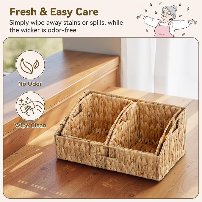 GRANNY SAYS Wicker Storage Basket, Wicker Basket with Handles, Trapezoid Woven Baskets for Shelves, Decorative Baskets for Home Decor, Water Hyacinth, 3 Pack