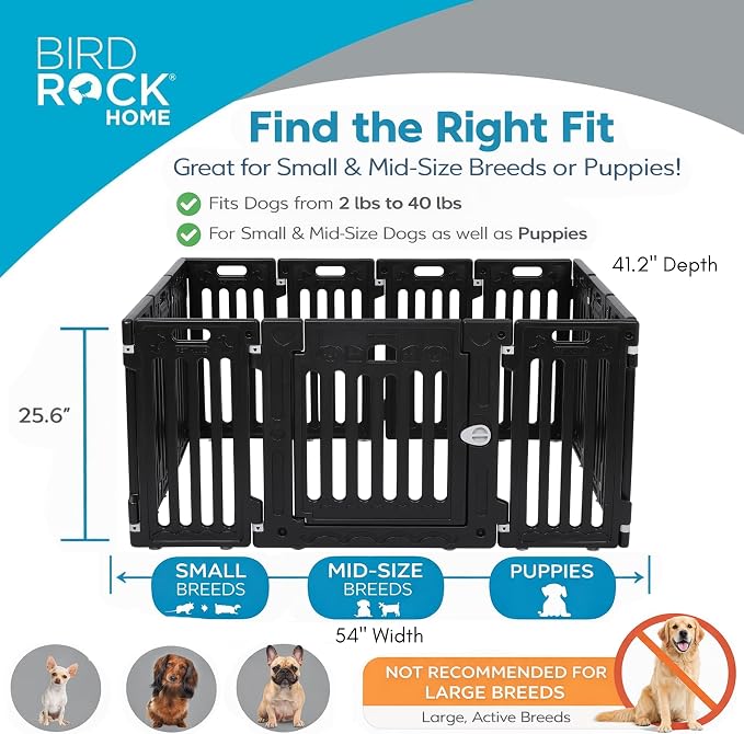 BIRDROCK HOME Dog Playpen w/Door, 12 Panel, 25.6in H | Strong Plastic, Non-Slip Puppy Playpen, Secure Pet Gate | Indoor Outdoor Fence | Configurable Panels | Small to Medium Pets - Black | 13-Panel Durable Plastic Playpen for Puppies and Small Dogs, Pe...