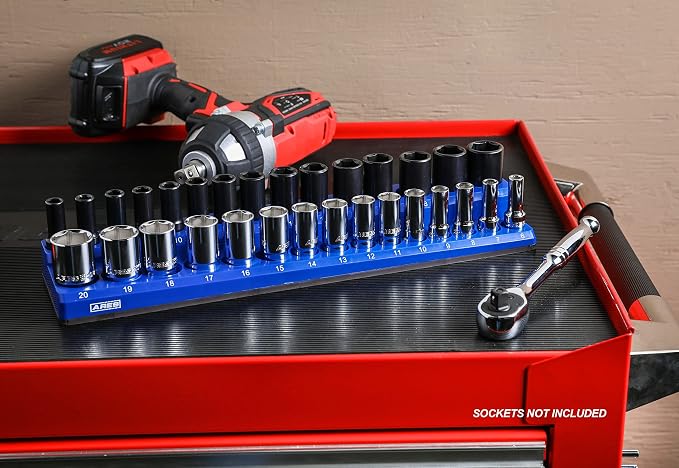 ARES 60008 30-Pc 3/8-In Blue/Black Metric Magnetic Socket Organizer | Part No. 60008; Inch drive Sizes: 6mm, 7mm, 8mm, 9mm, 10mm, 11mm, 12mm, 13mm, 14mm, 15mm, 16mm