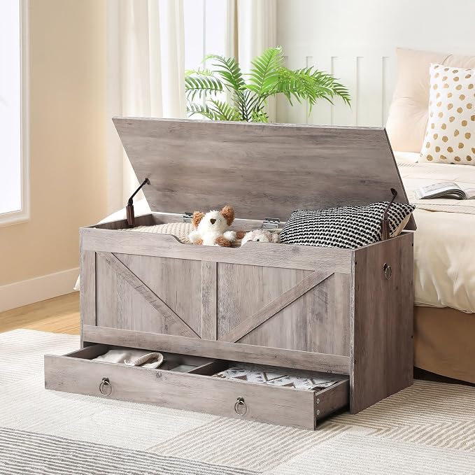 HOOBRO Storage Chest, 39.3" Toy Chest with Drawer, Wooden Storage Bench, Sturdy Entryway Bench Supports 220 lb, Safety Hinge, U-Shaped Opening, Easy Assembly, Greige BG710CW01G2