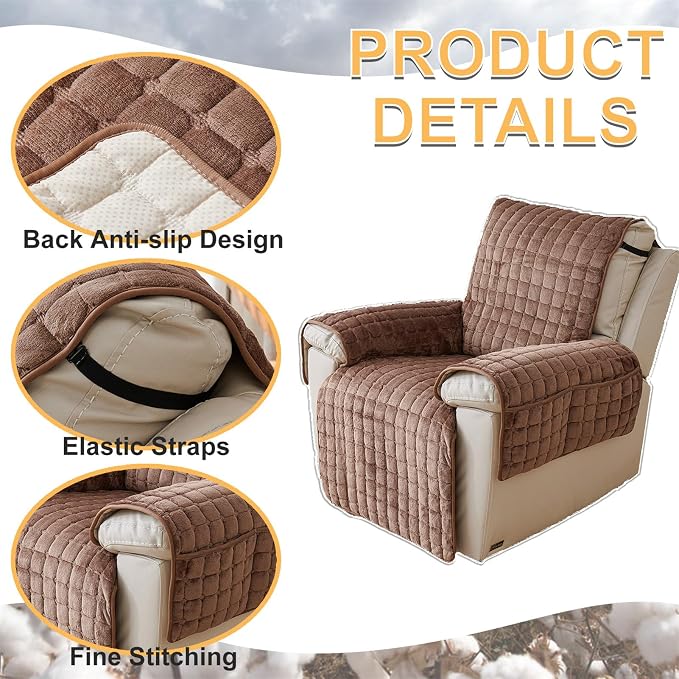 Polyester Flannel Recliner Cover, Non-Slip with 2 Side Pockets | Soft short-pile polyester with silicone backing guards armrests from pet scratches; thick one-piece cover, machine washable.