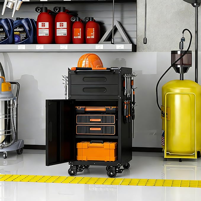 Metal Storage Cabinet for Garage, Tool Cabinet, Utility Cabinet | Wheeled, Rolling Tool Cabinet, 2 Drawers, 1 Door Lockable, Top Countertop, Pegboard, Assembly Required, Black
