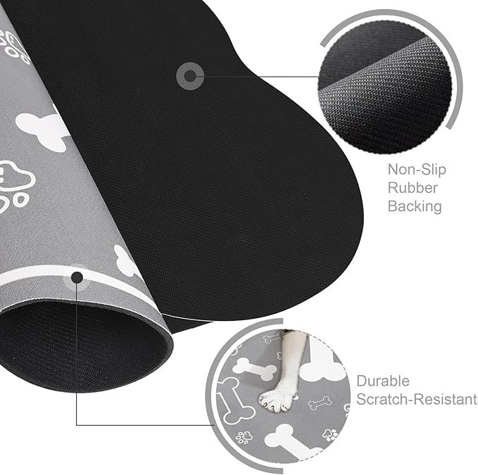 Dog Cat Food Mat,Rapid Absorbent Pet Feeding Mat, Bone Shaped Dog Placemat Water Bowl Mat with Rubber Backing,No Stains Dog Cat Food Mats Indoor, Pet Accessories Supplies 17" X 29" Grey