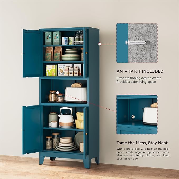 YAUWOH 69" Tall Metal Pantry Cabinet with Microwave Shelf, 4 Doors & 3 Adjustable Shelves, 120LBS Per Shelf Heavy Duty Storage Cabinet with Anti-Tip Design for Kitchen,Dining Room (1PC,Blue)