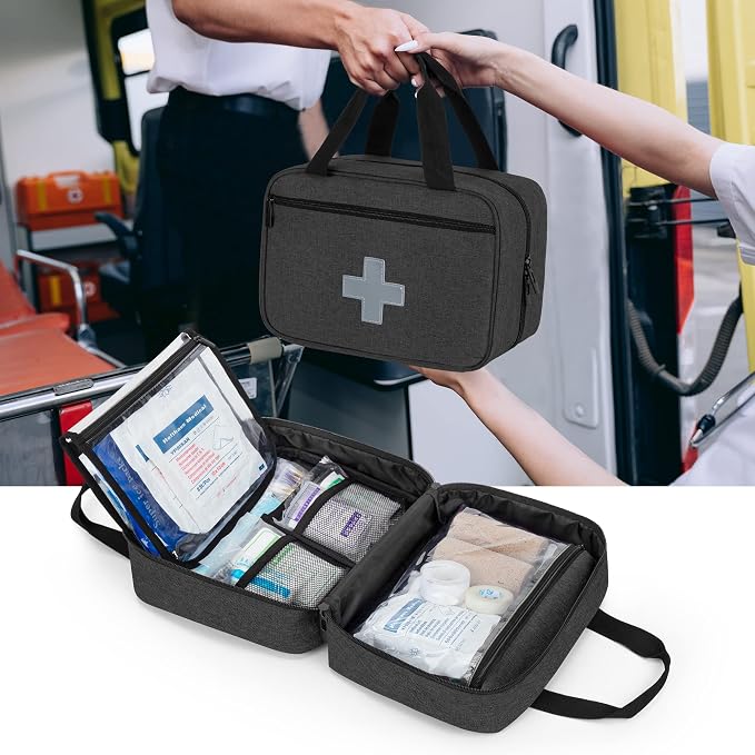 Empty First Aid Kits Case, Portable Emergency Kit Organizer, Black | Medical Bag for Emergency Supplies and Pill Bottles, Large Capacity, for Hiking, Camping, Car, Travel, Home and Outdoor