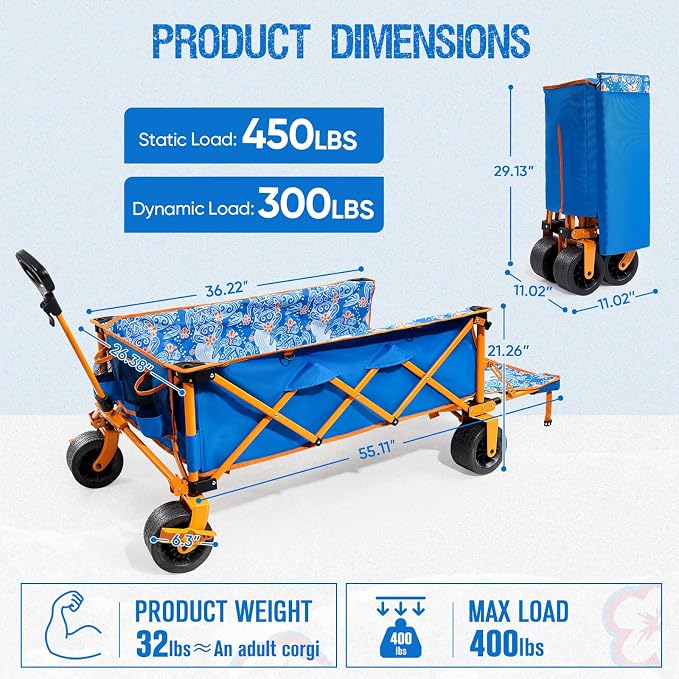 Old Bahama Bay Extra Large Heavy-Duty Beach Wagon - 55.11" x 26.38" Foldable Utility Cart with 400 lbs Capacity, Compact Fold Design, Ideal for Beach, Camping, Groceries, and Outdoor Adventures