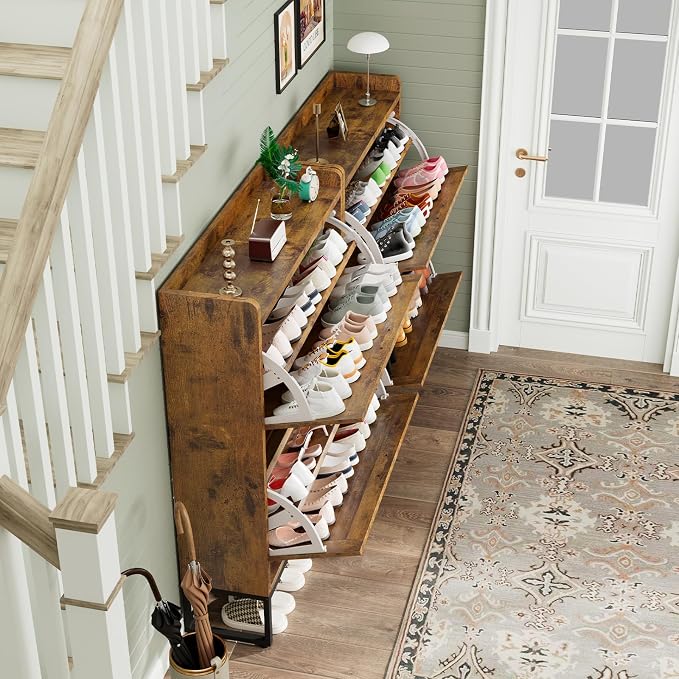 GRUSIGN Shoe Cabinet, Shoe Storage Cabinet with 2 Flip Drawers & Adjustable Shelf, Space-Saving Shoe Organizer – Holds 16+ Pairs, Narrow Shoe Cabinet Storage for Entryway/Hallway（Brown）