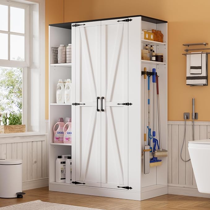 PAKASEPT Broom Closet Storage Cabinet, 63" H Wooden Vacuum Storage Cabinet, Closet with Door, Cleaning Tool Organizer with Shelf and Broom Holder, 63" H×35.4" W×15.7" D, White