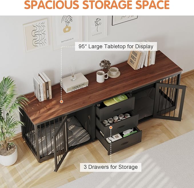 Dog Crate Furniture, Indoor Wooden Farmhouse Dog Kennel Furniture with 3 Drawers & 2 Lockable Doors, 95"x23.6"x32"H, Black