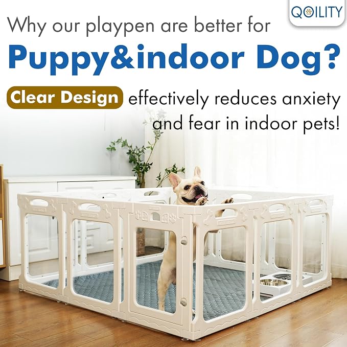 Clear Acrylic Indoor Dog Playpen, 30" H, 10 Panels, White | Open View, Modern Home, No Climbing Bars, Tool-Free Setup, For Puppies & Small Dogs