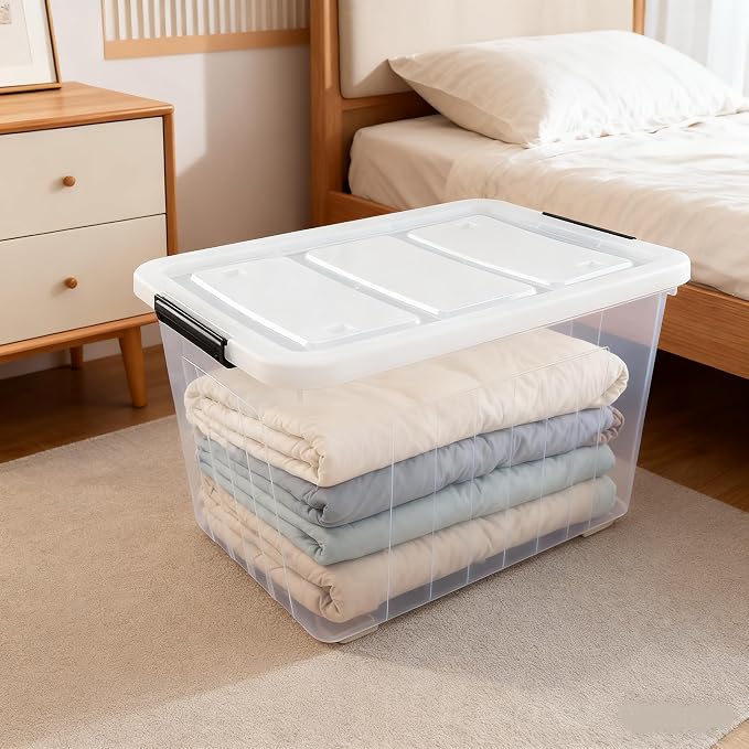 70 Qt Stackable Plastic Storage Bins with Lids, 4 Pack | Clear Heavy-Duty Tote Containers, Wheels, Nesting and Stackable Design, Closet, Garage, Pantry Storage