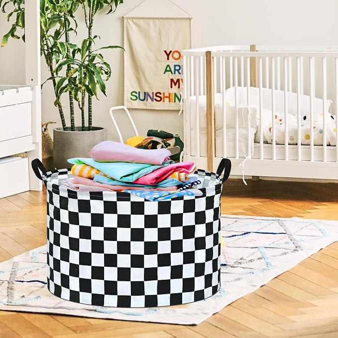 Checkered Storage Basket Extra Large 80L Kids Hamper Baby Laundry Basket Waterproof Toys Car Organizer Collapsible Canvas for Home/Dorm/Pet/Office/Closet/Shelf/Gift Baskets