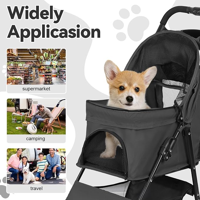 4 Wheel Pet Stroller for Small Medium Dogs, Foldable Cat Carriage with Breathable Mesh Windows, Cup Holder and Storage Basket, Portable Animal Strolling Cart Holds up to 22lbs Black