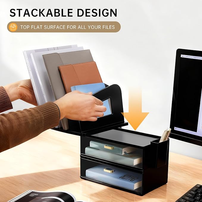 CiWiVOKi Desk Organizer with 4 File Slots and 2 Drawers, Black | File organizer with dual pen holders and storage compartments for mail, documents and office supplies