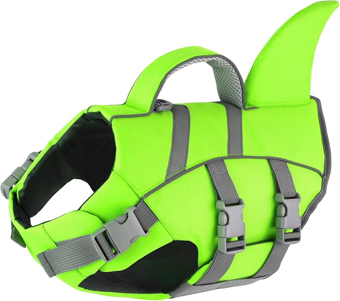 Dogcheer Shark Dog Life Jacket, High Flotation Dog Life Vest - Green,L | Adjustable Puppy Harness Swim Vest for Small Medium Large Dogs, Lifejackets with Handle for Swimming, Boating, Lake & Pool