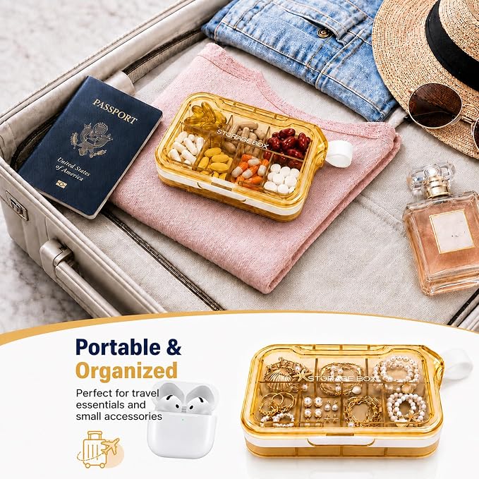 Small Pill Case, Travel Pill Organizer with Water-Proof Silicone Carry Loop | Pocket Size Medicine Box, 7 Compartments Compact Pill Box for Fish Oil Vitamins Supplements Daily Medications