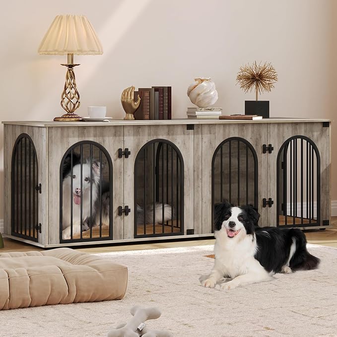 Hzuaneri 70.9" Double Dog Crate Furniture, Dog Kennel Indoor with Cushion | Heavy Duty Dog Crate Furniture for 2 Dogs,Dog Cage End Table TV Stand with Divider for Med-Large Dogs,Greige Black DFC81905B