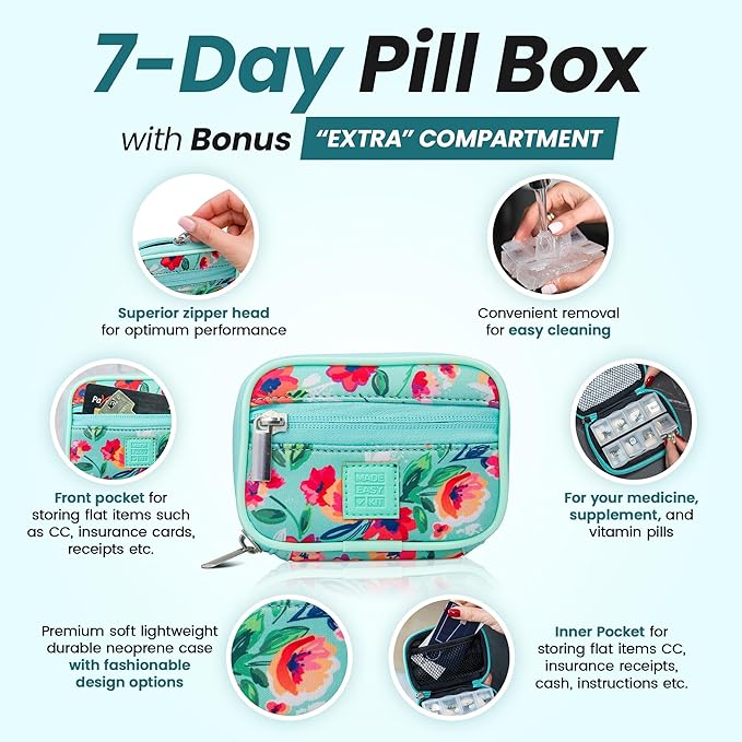 Made Easy Kit Pill Case - Weekly Medicine Organizer with Removable Seven-Day Vitamin & Supplement Box - Premium Neoprene for Travel Purse Accessory (Teal)