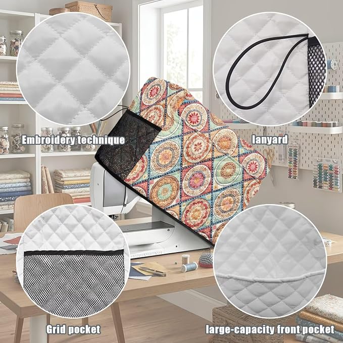 Sewing Machine Cover Polyester Febric Diamond Vintage Mandala | Dust Pet Hair Protection,Quilting Design,Fits Standard Singer,Brother Janome Machines,Protecting Decorating Your Sewing Space