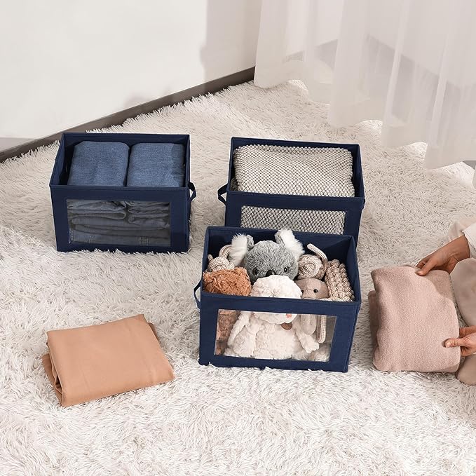 Stackable Storage Bins with Lids - Medium Storage Box with Lids, Foldable Closet Boxes for Organizing, Wardrobe Clothes Organizer with Window, Cubes Bins for Living Room, 5 Pack, Navy Blue