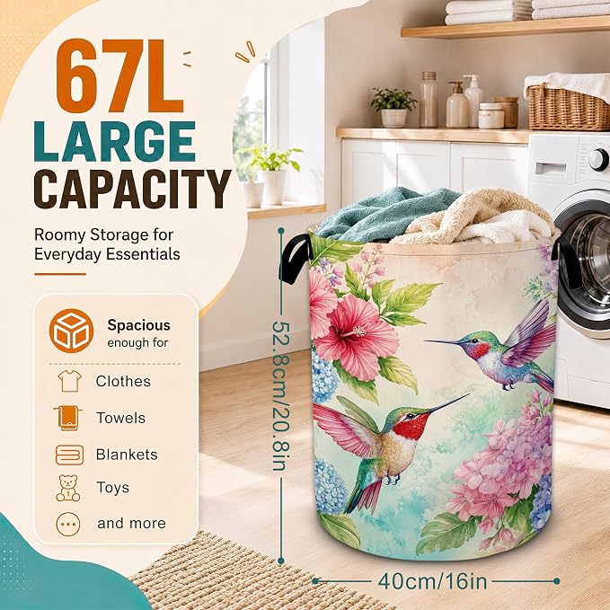 Hummingbird Laundry Basket,Hibiscus Hydrangea Foldable Oxford Laundry Hamper with Handles,Collapsible Clothes Storage Bucket Tote Bag for Laundry Room,Bathroom,Bedroom,Dorm