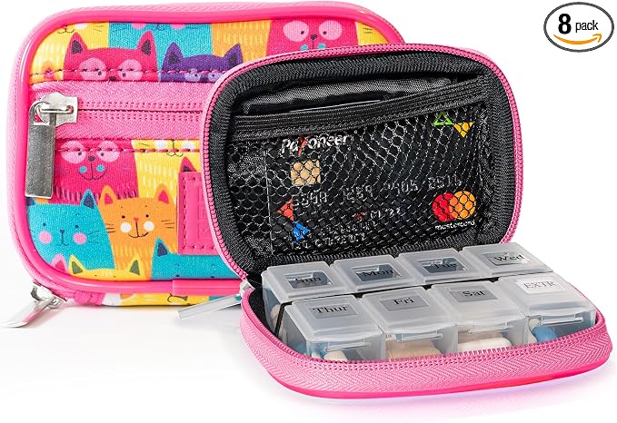 Made Easy Kit Pill Case for Everyday and Travel - 7-Day Weekly Medicine Supplement Vitamin Organizer Sorter Tracker - Neoprene Bag with Pockets - Compact Portable 8 Compartments (Multicolor Cats)