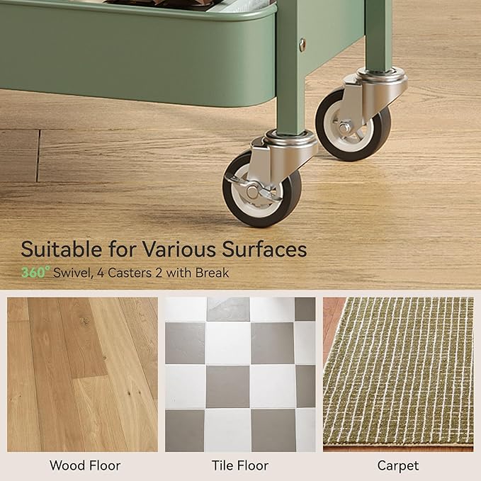 Nunsino 3 Tier Rolling Cart,Utility Cart with Locking Wheels, Hanging Cups,&Hooks, Heavy Duty Metal Storage Organizer Cart for Kitchen,Office, Bathroom,Craft Room,Green