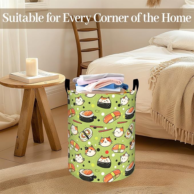 Cute Sushi and Cat Laundry Basket, Kawaii Food Foldable Oxford Cloth, Waterproof Dirty Clothes Hamper with Handles, Clothing Storage Bin Toy Organizer for Bedroom Dorm Bathroom, 19.7"x15.7"
