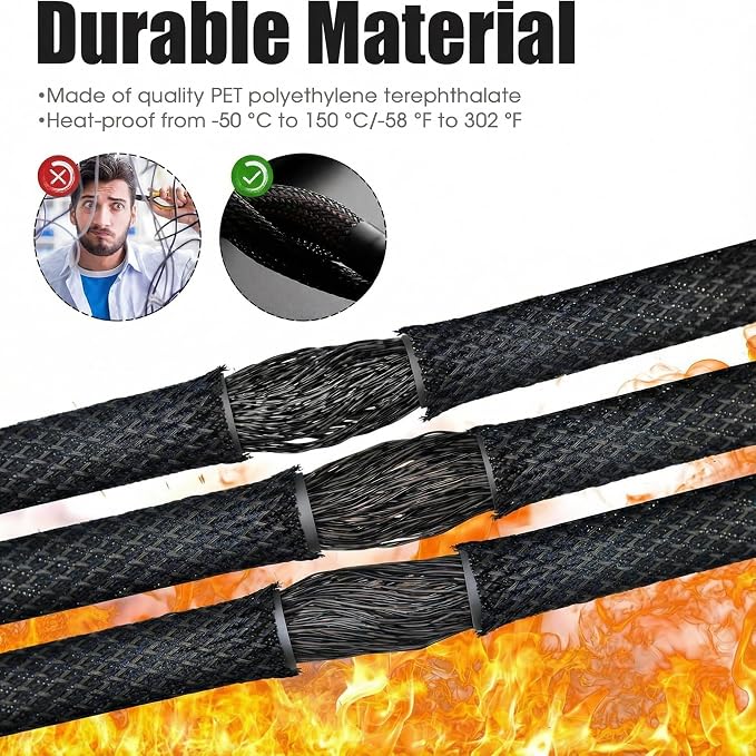 Tatuo 151 ft Braided Cable Sleeve Expandable Wire Sheathing(Black) | with 120 Heat Shrink Tubing 1/4 in 2/5 in 1/2 in 3/4 in Wire Sleeve Cord Management for Television Audio Computer Video Pets