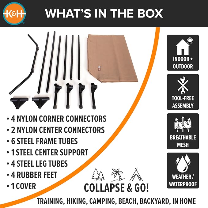 K&H Outdoor Elevated Dog Bed, Cooling Raised Dog Bed, Jumbo 56x38in, Tan | Pet Cot for Extra Large & Giant Pets, Breathable Mesh 360 Hammock Design, Indoor/Outdoor Washable Cover, Portable Metal Frame