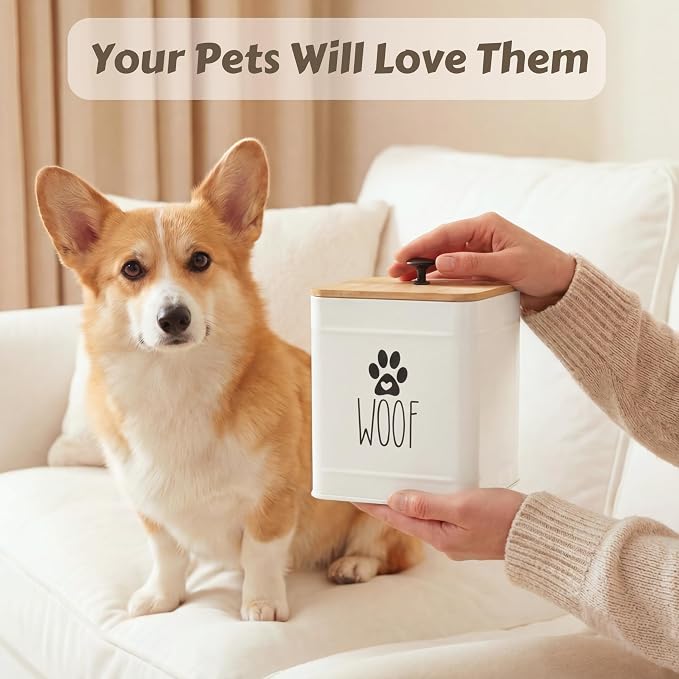 PERFNIQUE Dog Treat Container, Airtight Dog Treat Jar Set of 2, Dog Cookie Jar for kitchen Counter, Pet Treat Container, Dog Treat Canister and Storage, 7.8x6.2 & 7.3x5.5(White)