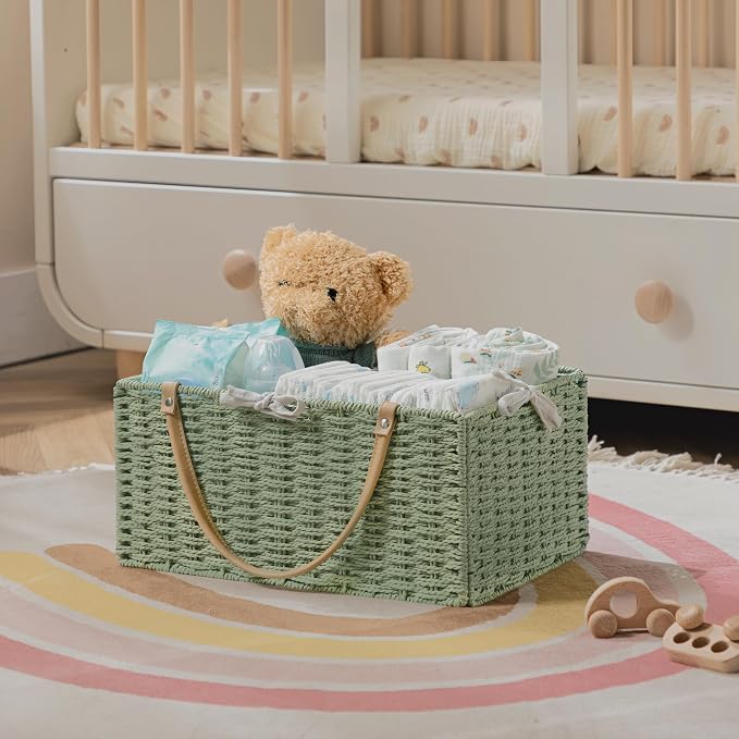 HBlife Large Baby Diaper Caddy Organizer Green, Paper Rope Storage Baskets Nursery Bin with Removable Divider, Portable Car Organizer for Diapers, Baby Shower Gifts, Newborn Essentials Must Haves