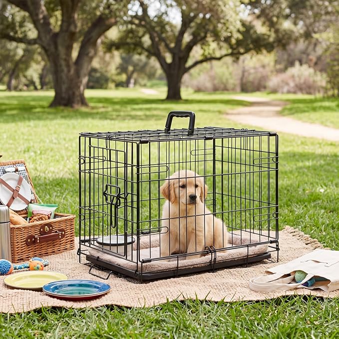 DUMOS 30 Inch Dog Crate, Foldable Puppy Small Medium Dog Cage Pet Kennel | Single Door Metal Wire, Plastic Leak-Proof Pan Tray, Portable Indoor Outdoor Training Travel