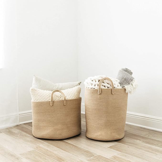 OrganiHaus Tall Cotton Rope Laundry Basket & Hamper, Blanket Storage 52L | Full Honey - Tall Cotton Rope Hamper, 52L