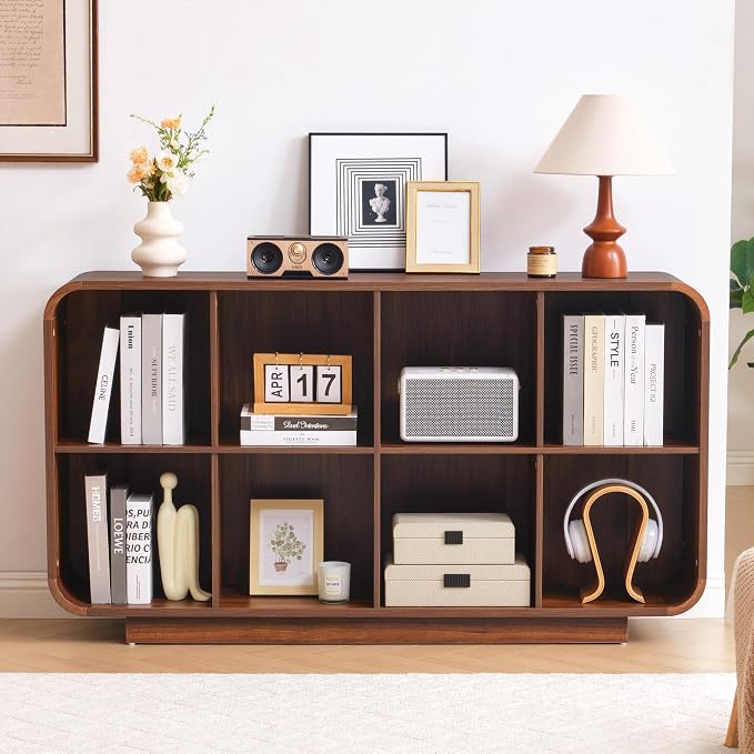 Cube Storage Organizer with Base, 8 Cube 2-Tier Bookcase, Wooden Floor Standing Storage Shelf with Rounded Corners, Anti-Tip Kit, Low Lattice Organizer for Home Office Living Room, Walnut