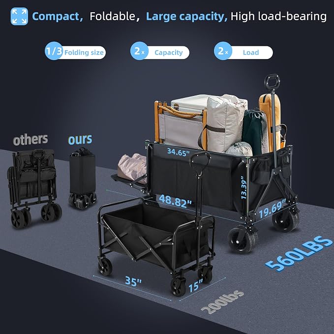 50" Extra Long Folding Wagon Cart, Heavy Duty Wagon with 400 lbs Capacity | 360L Large Storage Space for Everyday Hauling