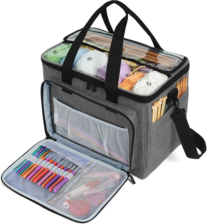 Teamoy Knitting Bag, Yarn Storage Organizer Crochet Bag Tote, Gray | Yarn Holder with Inner Divider(Sewn to Bottom) for Crochet Hook, Knitting Needles(Up to 14"), Project and Crocheting Supplies